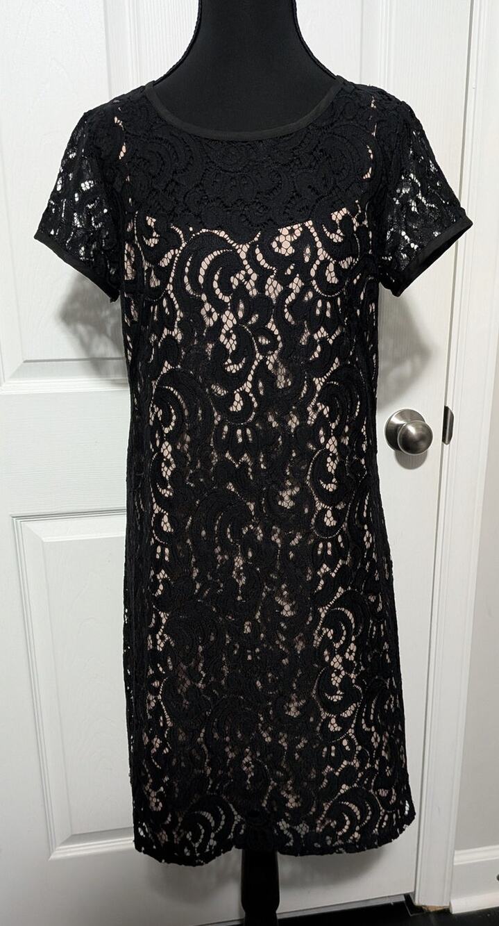 LOFT Ann Taylor Black Lace Shift Dress Size 6 Lined Short Sleeve Cocktail LBD